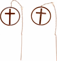 Σκουλαρίκια ατσάλινα (stainless steel) ροζ χρυσά κρίκοι με σταυρό BZ-ER-00192