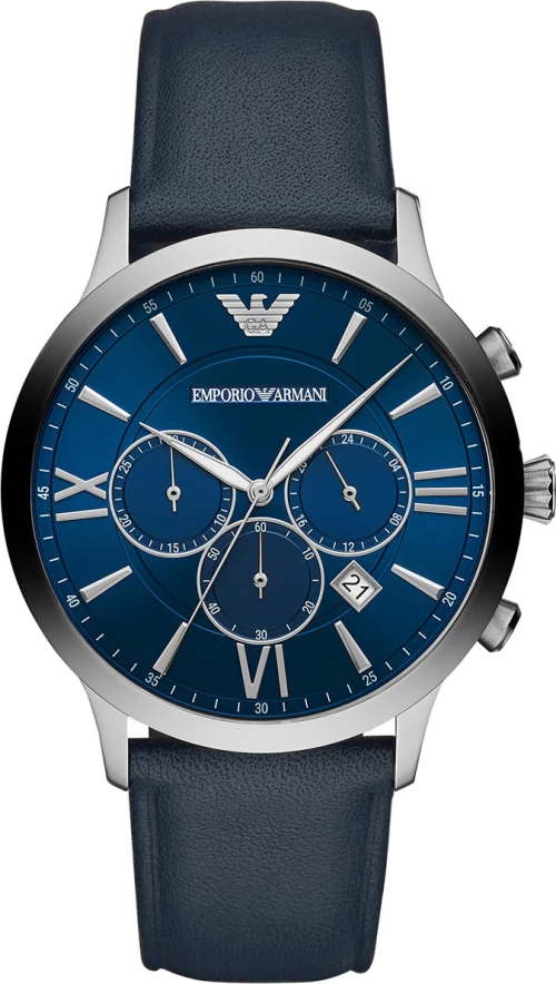 Emporio Armani Ρολόι Giovanni Χρονογράφος με Δερμάτινο Λουράκι σε Μπλε χρώμα