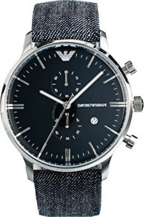 Emporio Armani Ρολόι Χρονογράφος με Δερμάτινο Λουράκι σε Μπλε χρώμα