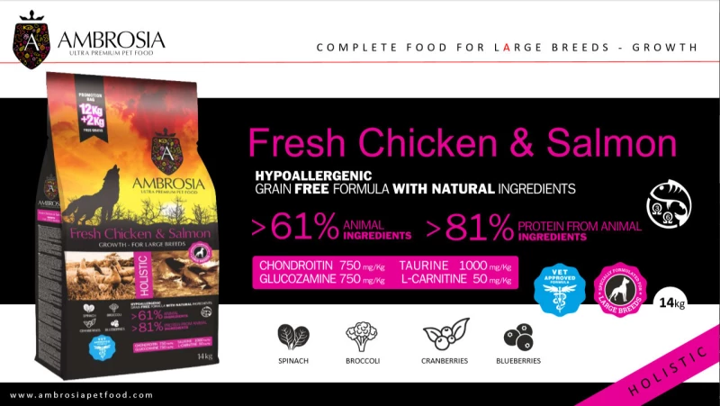 Ambrosia Grain Free Large Puppy Chicken & Salmon 12kg + 2kg