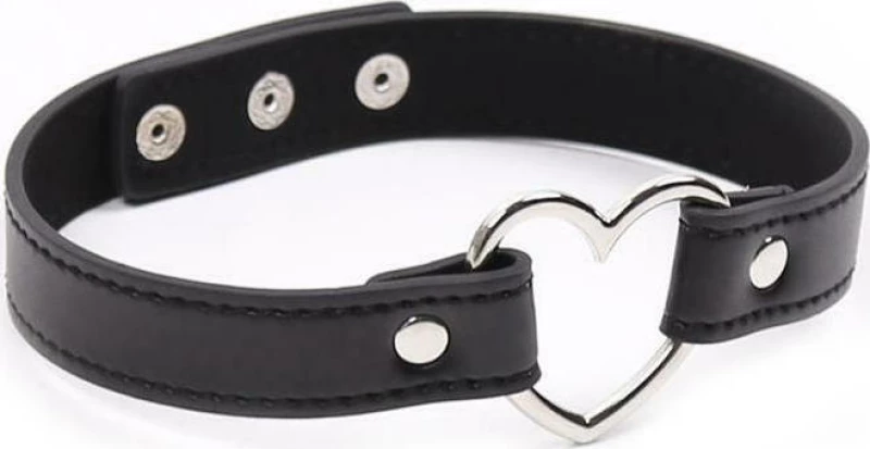 FETISH ADDICT COLLAR WITH HEART SHAPED HOOP ADJUSTABLE 41.5cm BLACK - ΚΟΛΑΡΟ ΜΕ ΚΑΡΔΙΑ ΜΑΥΡΟ