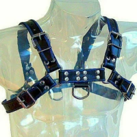 LEATHER BODY CHEST BULLDOG HARNESS BLACK/BLUE LEATHER