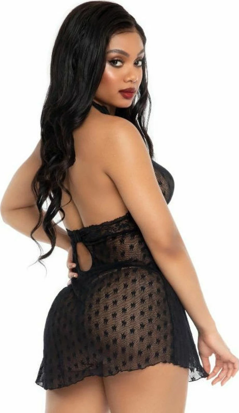 Leg Avenue 86113 Lace Trimmed Halter Babydoll Black