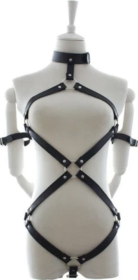 BDSM Δερμάτινο κορμάκι με περιλαίμιο/χειροπέδες