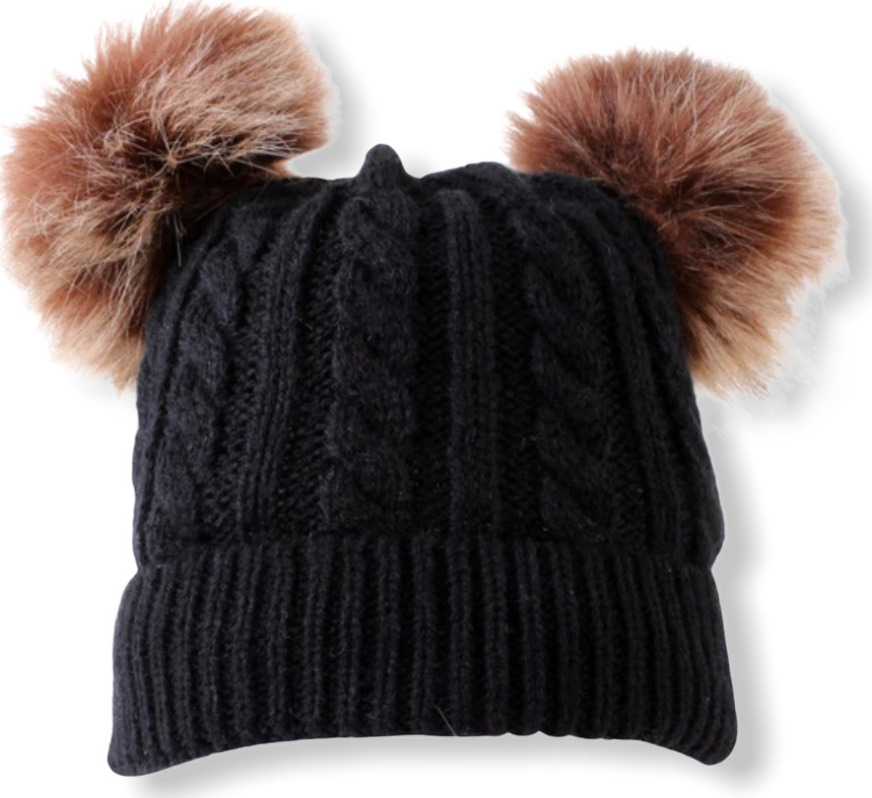 Knitted Beanie With Double Pompon - Black