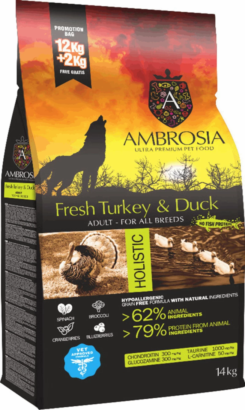 Ambrosia Grain Free Adult Turkey & Duck 12kg + 2kg