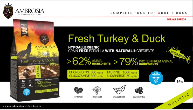 Ambrosia Grain Free Adult Turkey & Duck 12kg + 2kg