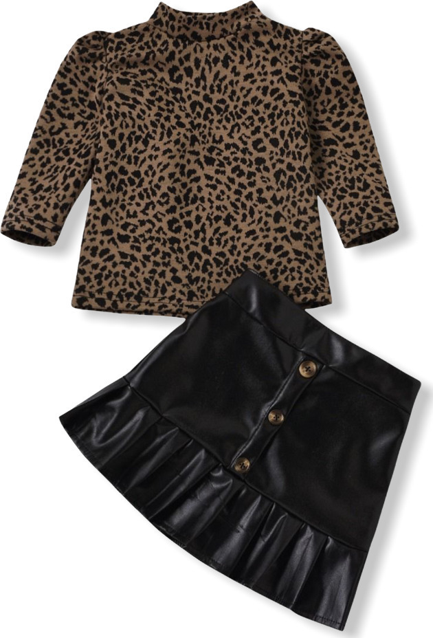 Girl Leopard Set With Leather Skirt - Black