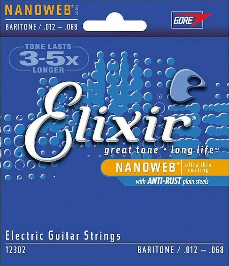 Elixir 12302 Nanoweb Nickel Plated Steel, Baritone Set - 12-68