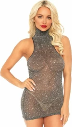 Leg Avenue Lurex Shimmer Spandex High Neck Mini Dress Black Silver