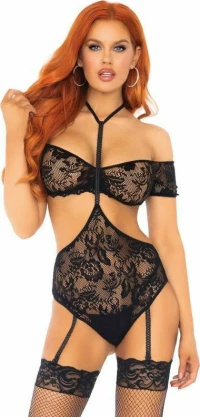 Leg Avenue 2 Pieces Lace Bandeau & Garter Teddy Black