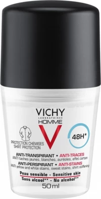Vichy Homme 48hr Anti-Perspirant Anti-Stains Roll-On Κατά των Λευκών & Κίτρινων Λεκέδων 50ml