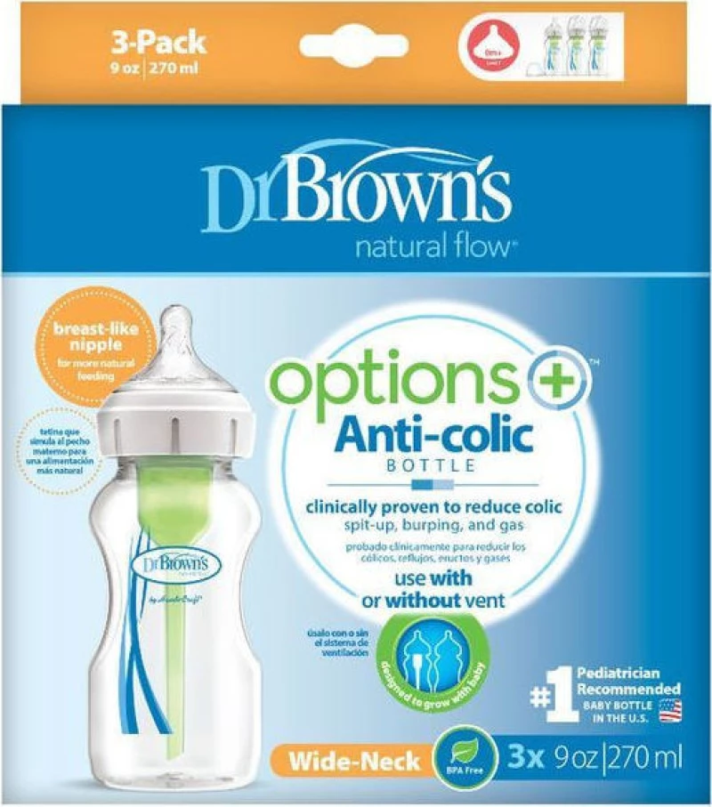 Dr. Brown's Natural Flow Options+ Πλαστικό Μπιμπερό με Φαρδύ Λαιμό & Θηλή Σιλικόνης 3x270ml