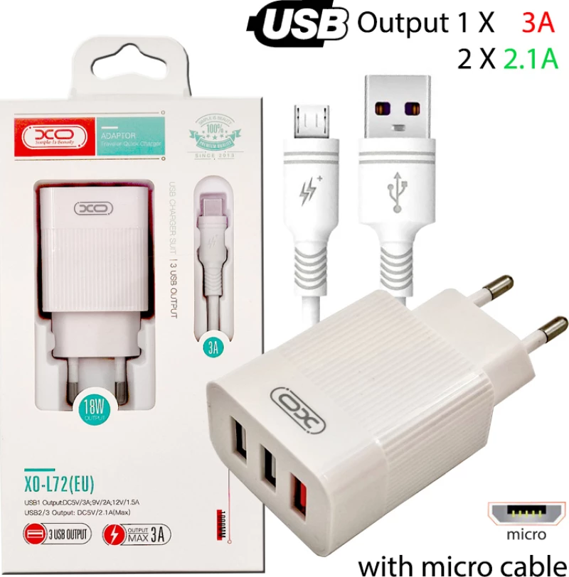 XO micro USB Cable & 3x USB-A Wall Adapter Λευκό (L72)