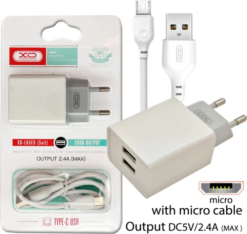 XO micro USB Cable & 2x USB-A Wall Adapter Λευκό (L65)