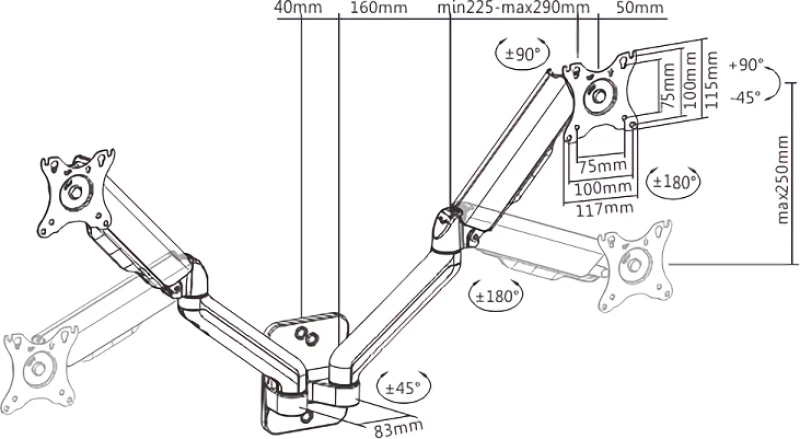 Brateck Επιτοίχια Βάση Lda32-112, Για 2 Οθόνες 17"-32", 9Kg