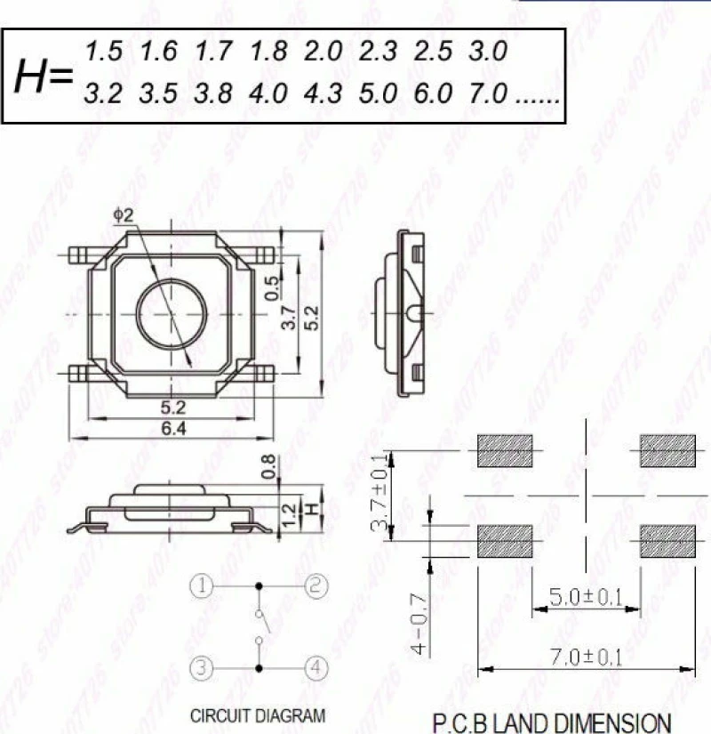 TS-1252 DIP Tact Μικροδιακόπτης 4 Pin DC 12V 0.5A (5.2x5.2x1.8mm) (OEM)