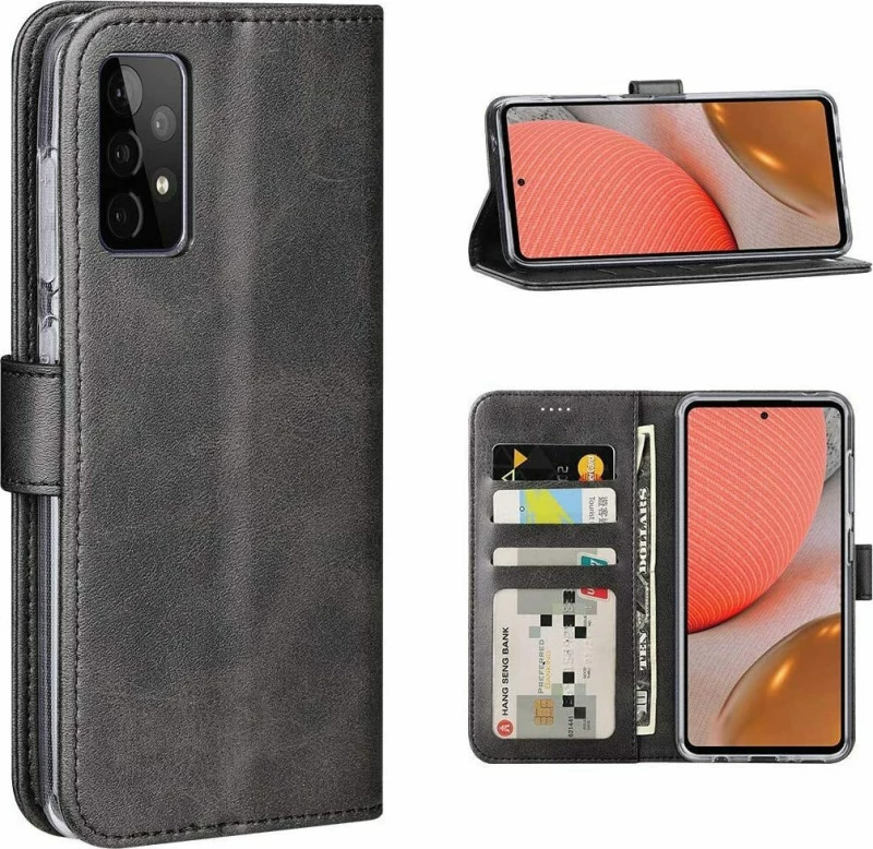 Samsung Galaxy A72 - Δερμάτινη Αναδιπλούμενη Book Case με Ενσωματωμένη Θήκη Σιλικόνης – Black (oem)