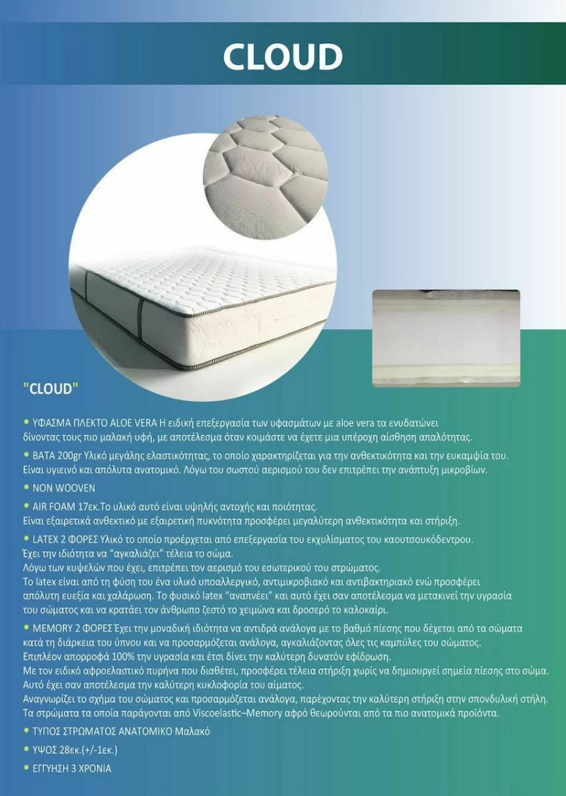 Achaia Strom Στρώμα Cloud Airfoam Latex Memory 2Φ Μονό 100x200cm