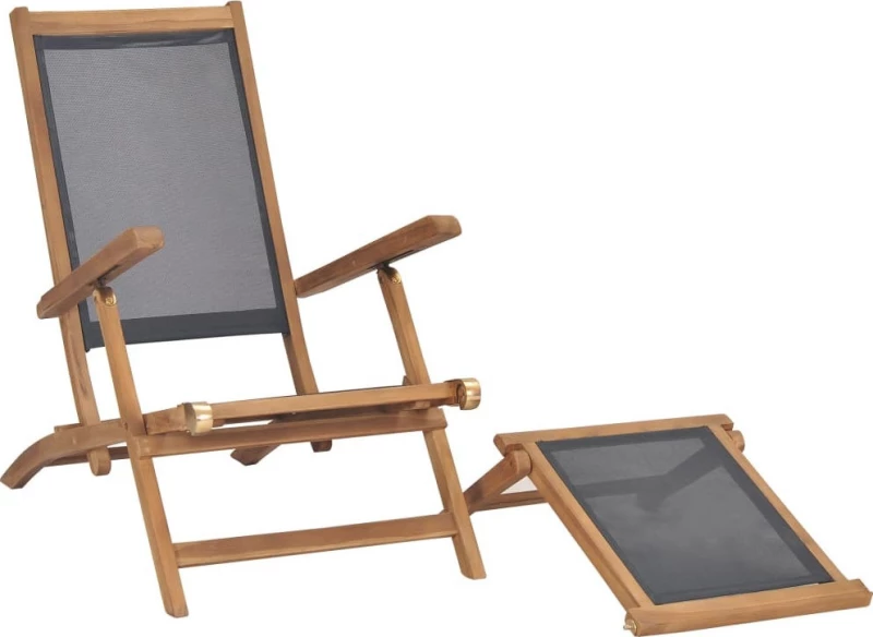 Ξαπλώστρα με Υποπόδιο Μαύρη από Μασίφ Ξύλο Teak