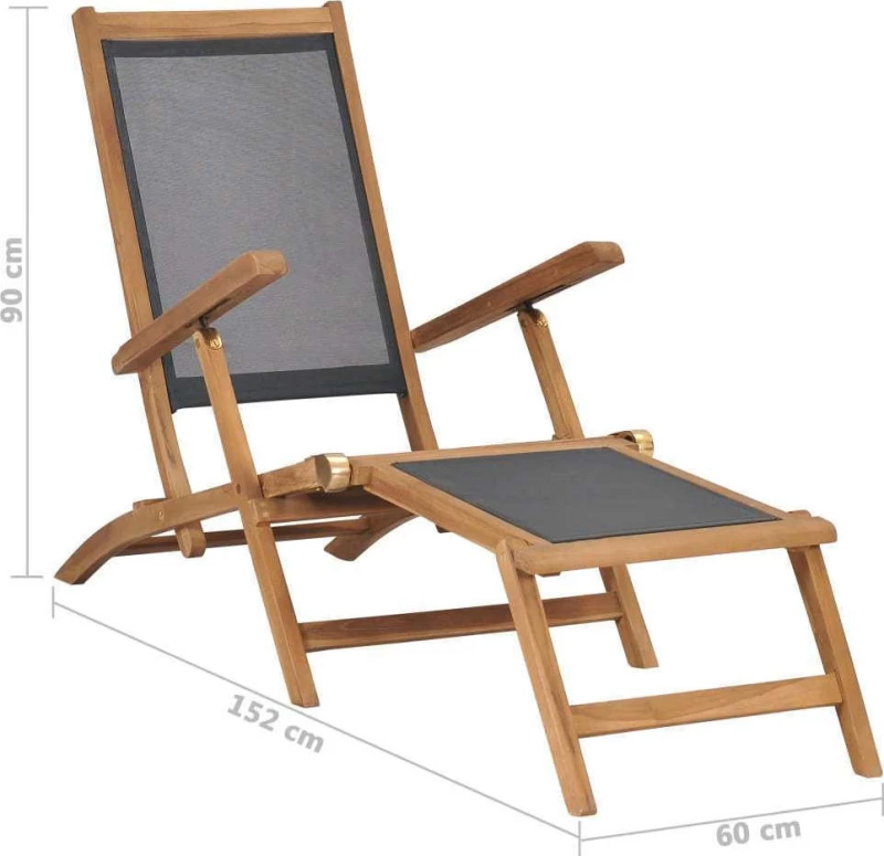 Ξαπλώστρα με Υποπόδιο Μαύρη από Μασίφ Ξύλο Teak