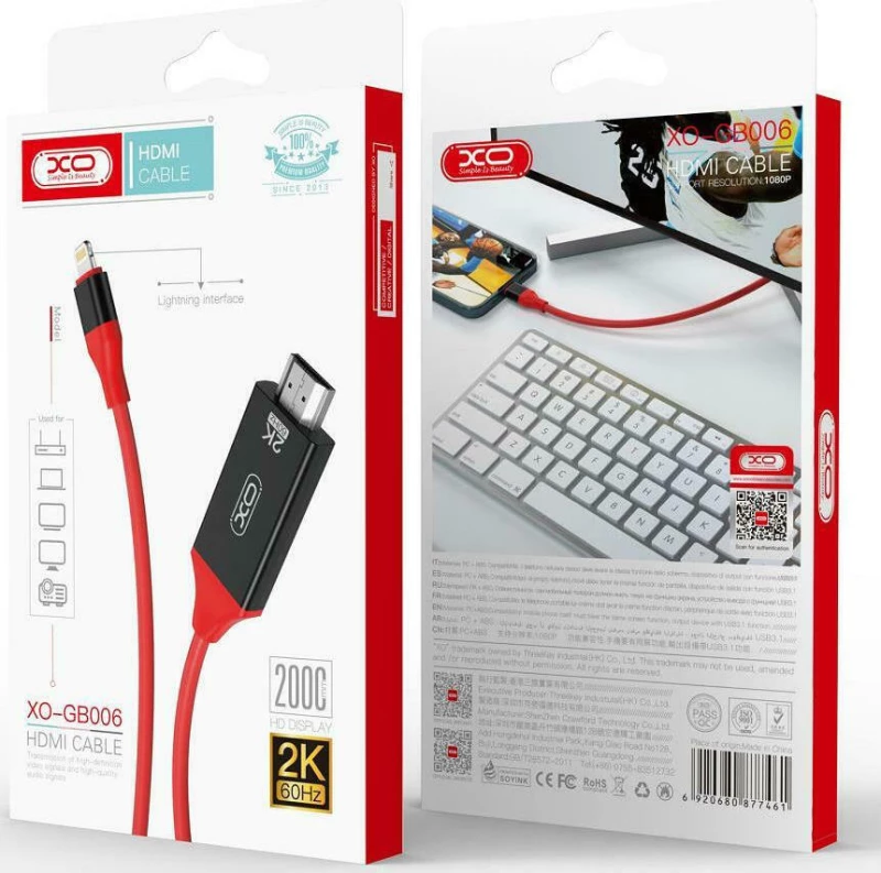 XO HDMI 1.3 Cable HDMI male - Lightning male 2m Κόκκινο