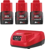 Milwaukee 4933459207 Σετ 3 Μπαταρίες Λιθίου 12V 3Ah με Φορτιστή 12V