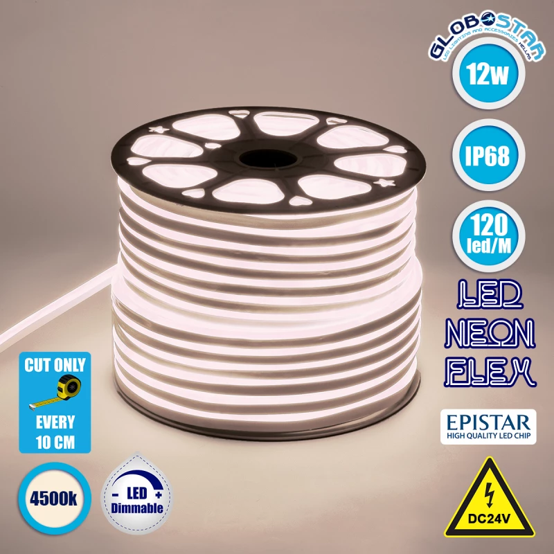 Αδιάβροχη Ταινία Neon Flex LED Φυσικό Λευκό 1m Neon Flex 24V GloboStar