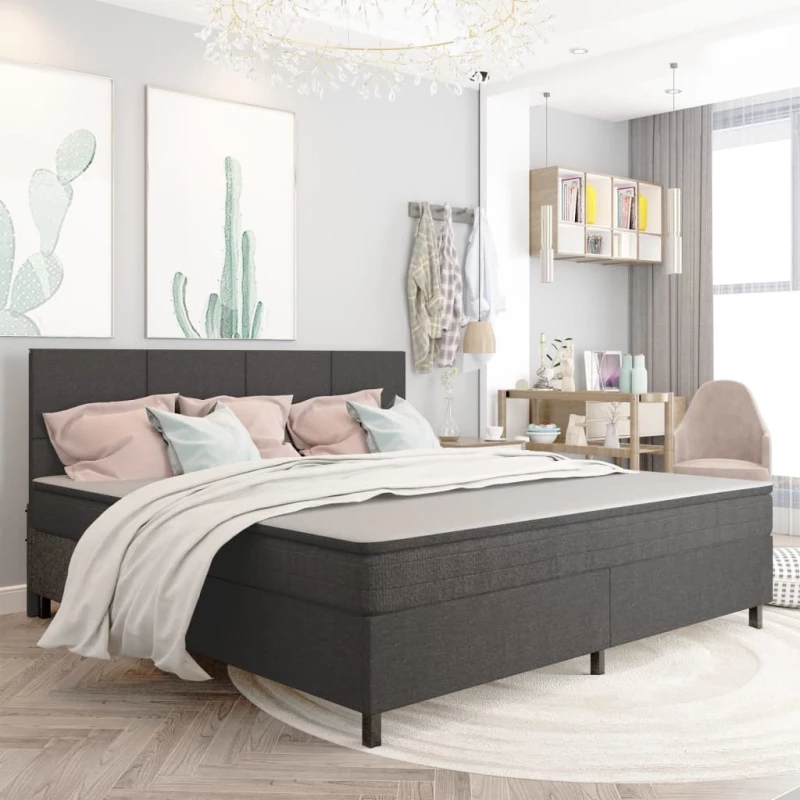 Boxspring Κρεβάτι Υπέρδιπλο Ύφασμα Σκούρο Γκρι Με Στρώμα / Με Τάβλες 200x200cm