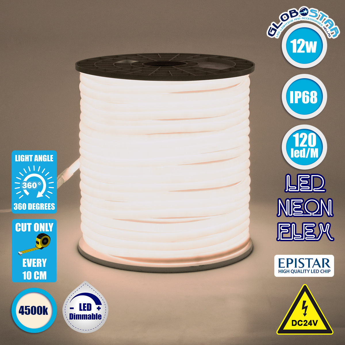 Αδιάβροχη Ταινία Neon Flex LED Φυσικό Λευκό 1m Neon Flex 24V GloboStar