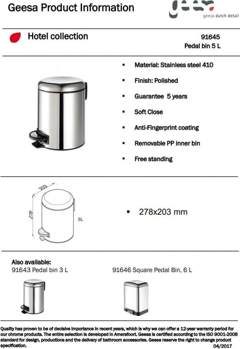 Geesa Standard 645 Soft Close Inox Καλαθάκι Μπάνιου 5lt Ασημί