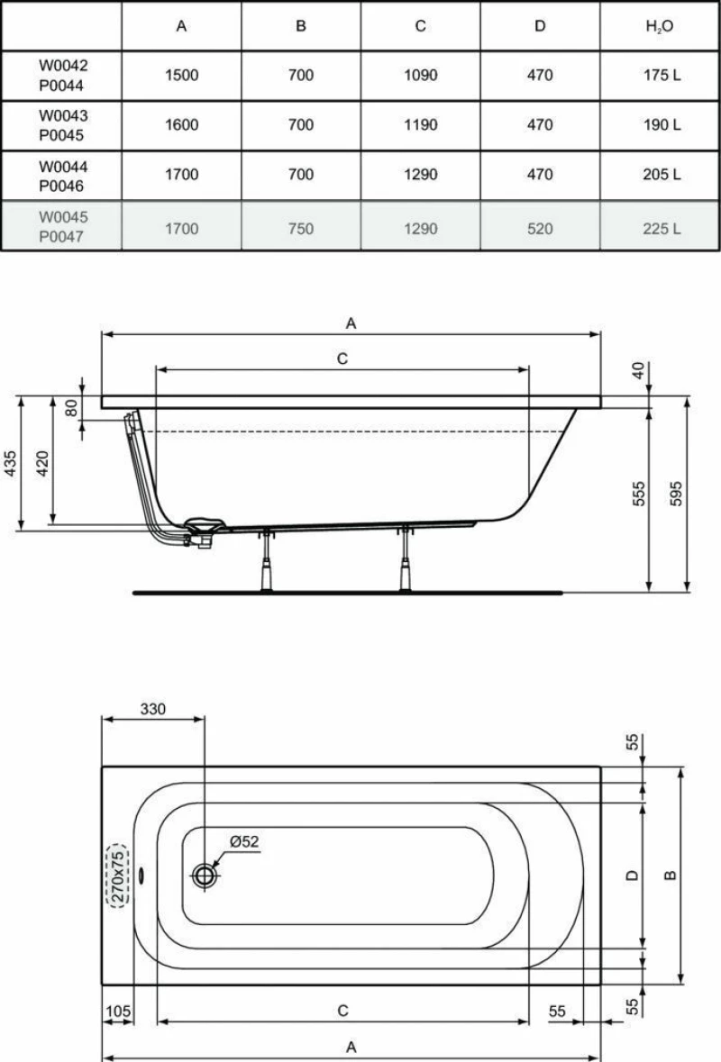Ideal Standard W004501 Ελεύθερη Μπανιέρα 170x75cm