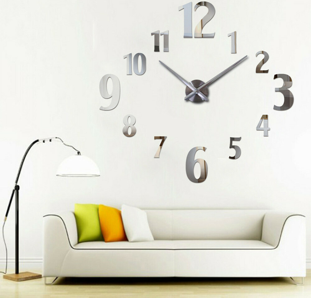 Μεγάλο Τρισδιάστατο 3D Ρολόι Modern Large Wall Clock Weird Numbers Silver Πλαστικό