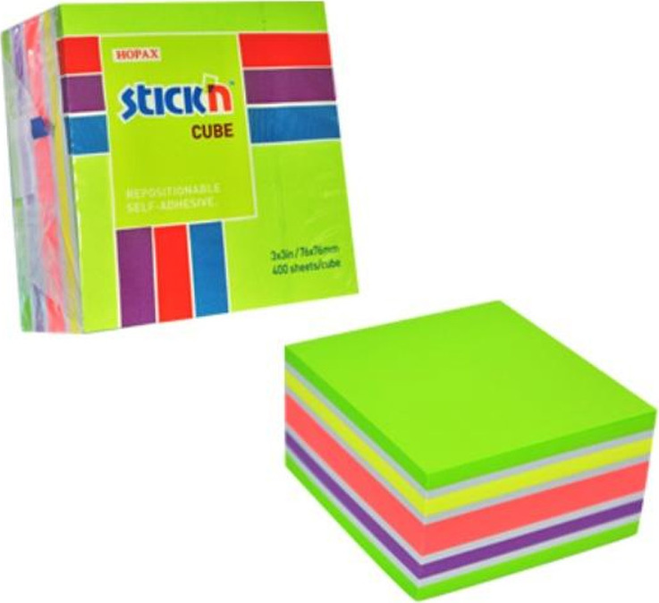 Χαρτάκια STICK N κύβος χρωματιστός ασορτί 76x76 (400 φύλλα) - HOPAX