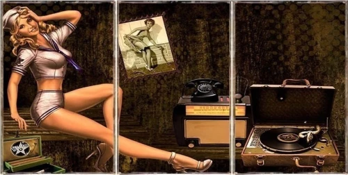 Τρίπτυχος ξύλινος πίνακας χειροποίητος με Pinup Girl Music Room