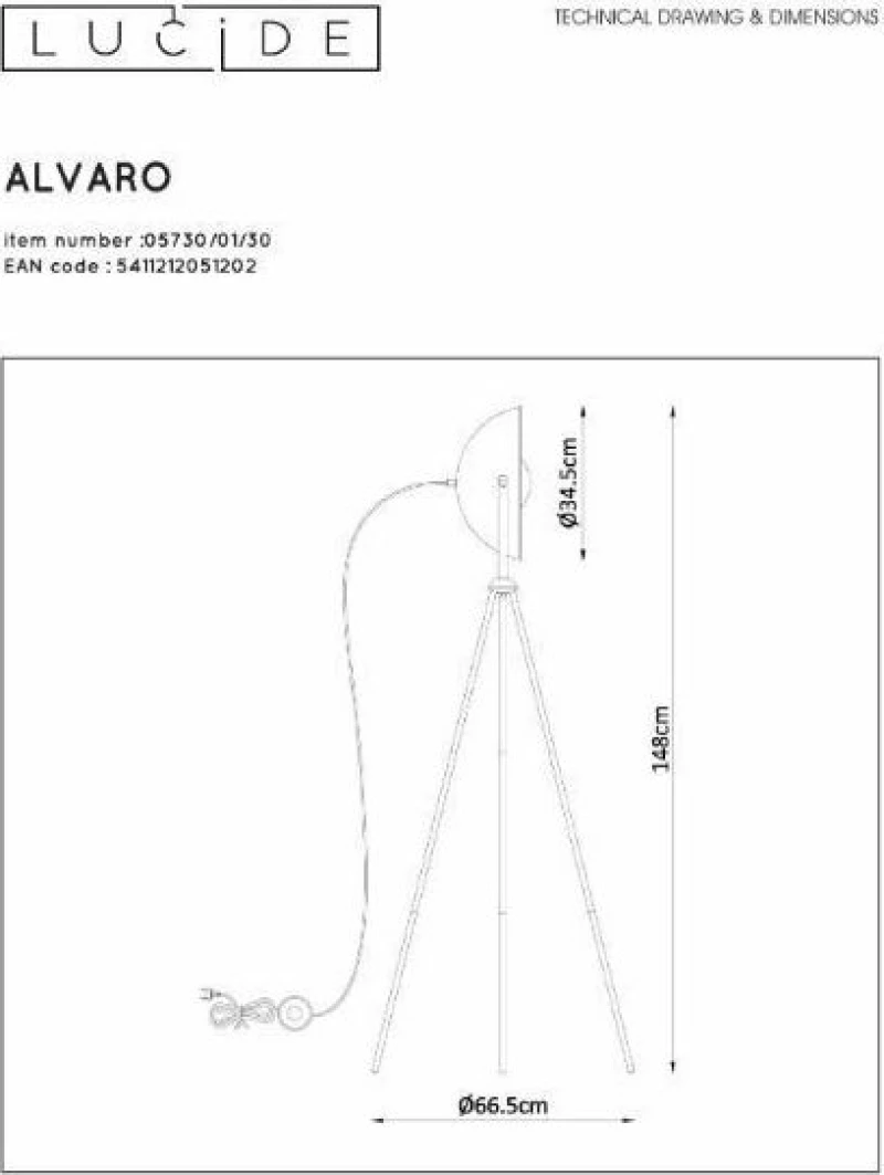Lucide Lightning Alvaro Φωτιστικό Δαπέδου Μαύρο με Ύψος 148cm