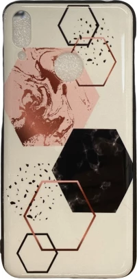 Huawei Y7 2019 - Λεπτή Θήκη Σιλικόνης Με σχέδιο 3χρωμο Πολύγωνα White-Pink-Black (oem)