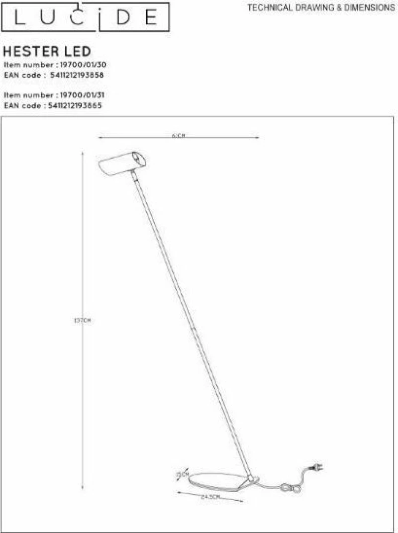 Lucide Lightning Hester Φωτιστικό Δαπέδου Λευκό με Ύψος 137cm