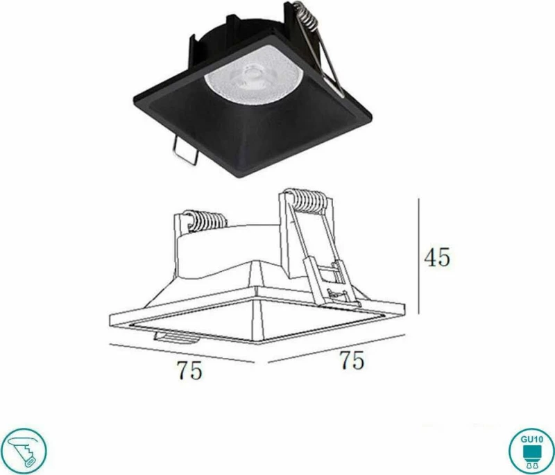 Viokef Μεταλλικό Σποτ Χωνευτό GU10 Fino 7.7x7.7cm Μαύρο