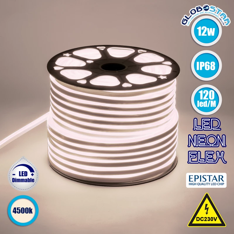 Αδιάβροχη Ταινία Neon Flex LED Φυσικό Λευκό 1m Neon Flex 220V GloboStar