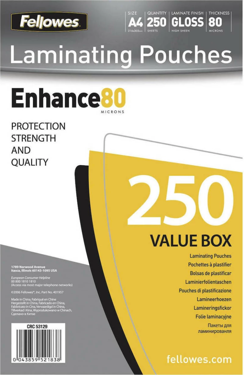 Fellowes A4 Glossy 80 Micron Φύλλα Πλαστικοποίησης 250 Τμχ.