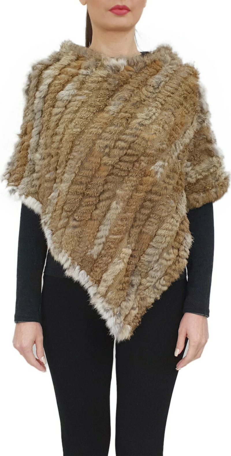 Πλεκτό Poncho με γούνα Lapin Καφέ