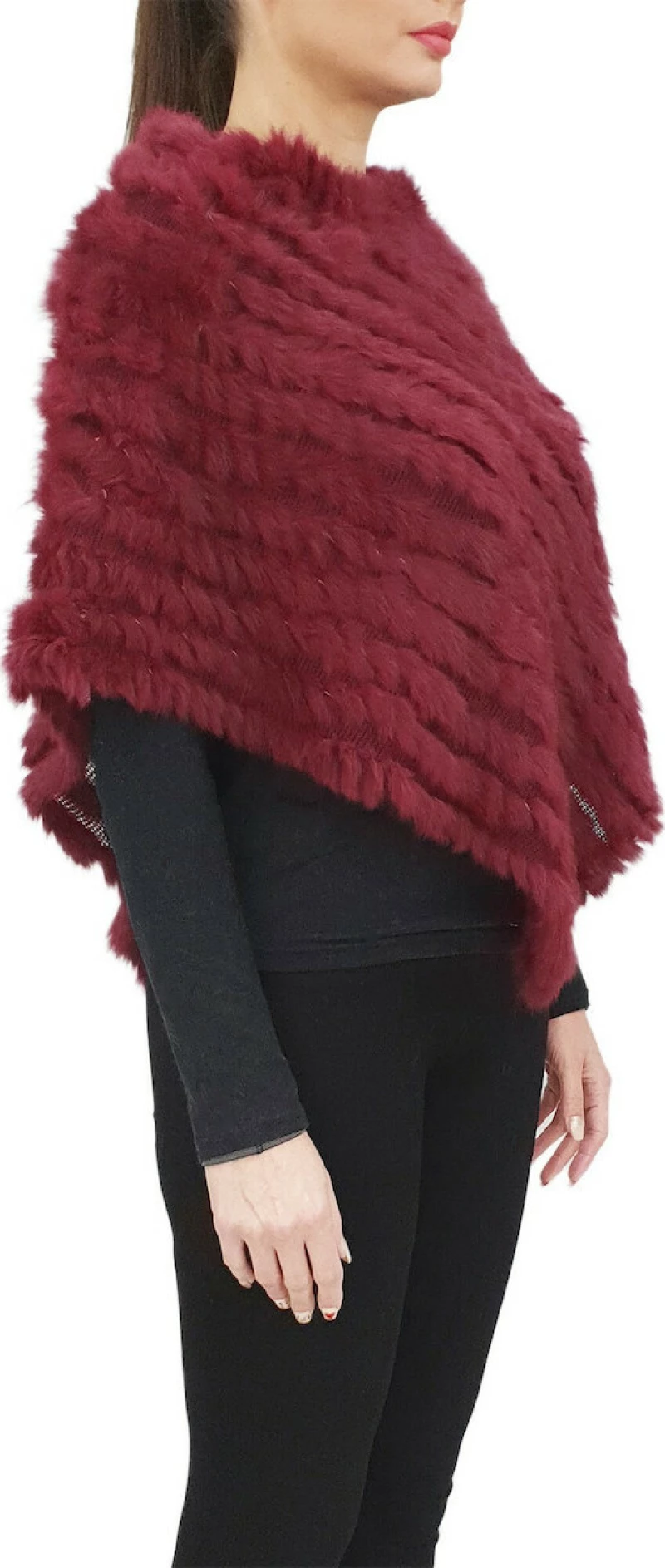 Πλεκτό Poncho με γούνα Lapin Κόκκινο