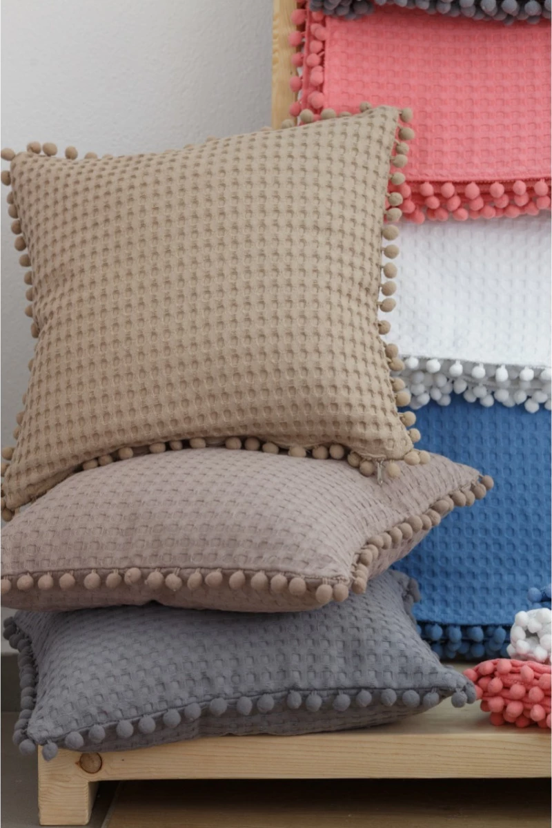 Borea Διακοσμητική Μαξιλαροθήκη 45x45 Waffle Cubic Pom Pom Σπαγγί