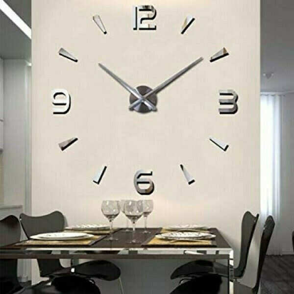 Μεγάλο Τρισδιάστατο 3D Ρολόι Modern Large Wall Clock Triangle Hour Numbers Silver Πλαστικό