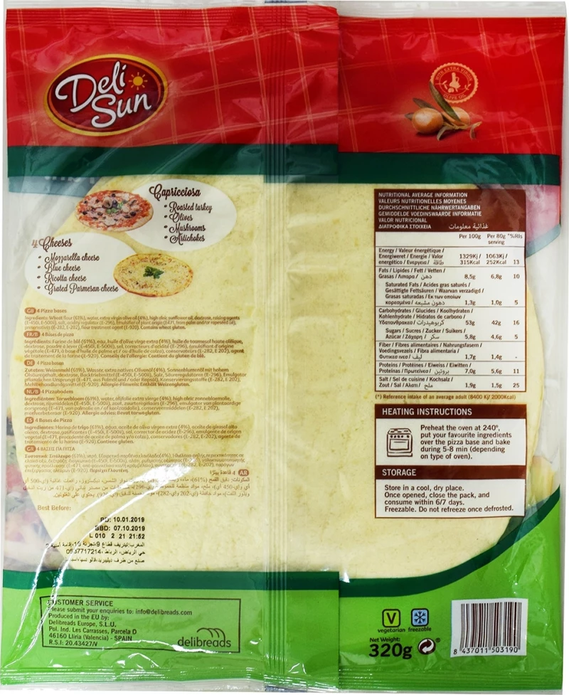 Βάση Λεπτή για Πίτσα 4 Τεμάχια Deli Sun 4 Thin And Crispy Pizza Bases 320g