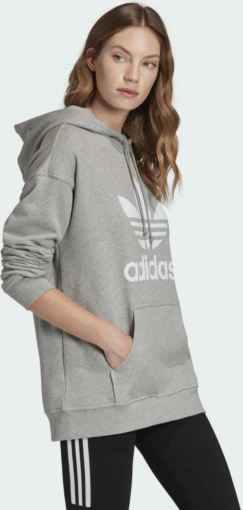 Adidas Trefoil Μακρύ Γυναικείο Φούτερ με Κουκούλα Γκρι