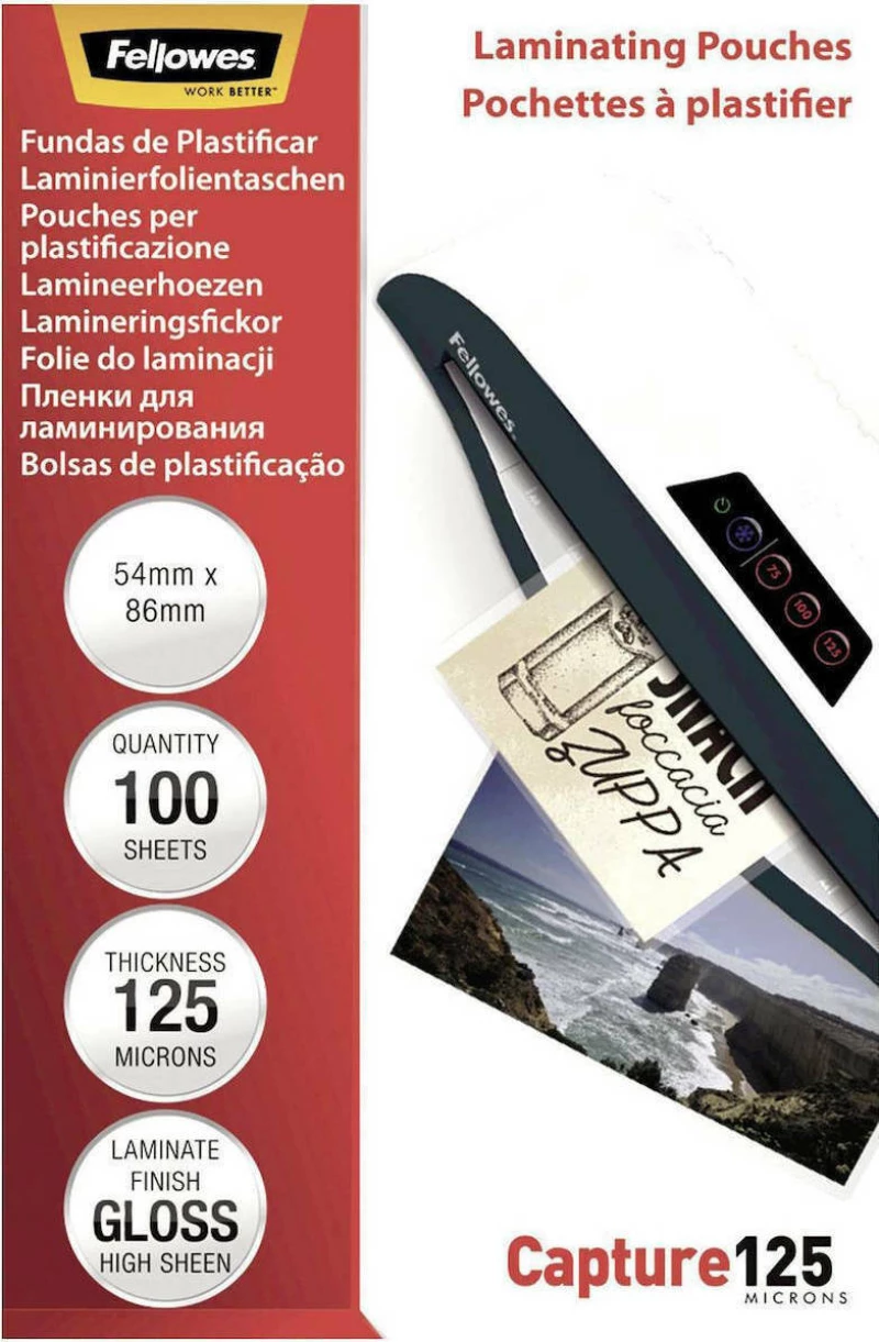 Fellowes Glossy 125 Micron Φύλλα Πλαστικοποίησης Καρτών 54x86 mm
