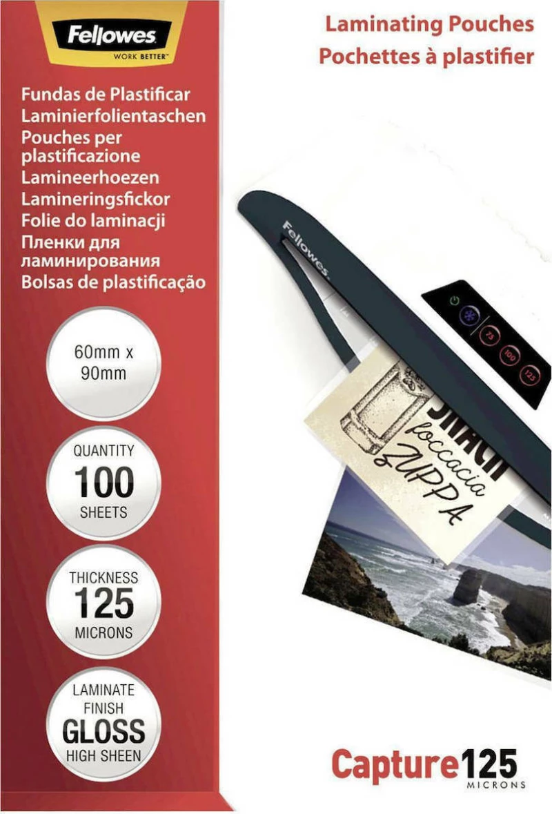 Fellowes Glossy 125 Micron Φύλλα Πλαστικοποίησης Καρτών 60x90 mm