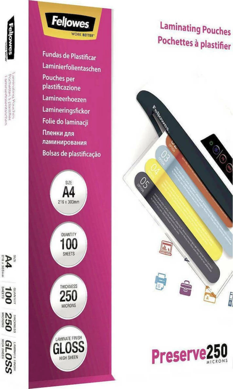 Fellowes A4 Glossy 250 Micron Φύλλα Πλαστικοποίησης 100 Τμχ.